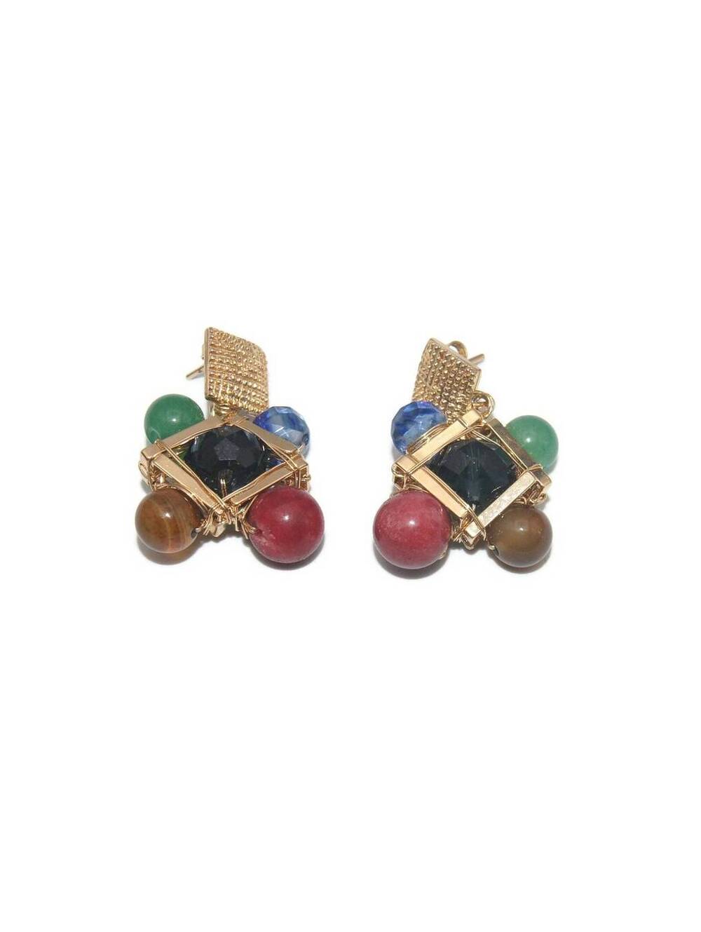 Vintage Gold Tone & Faux Multi Color Gemstones Dangle Earrings with Post Backs.